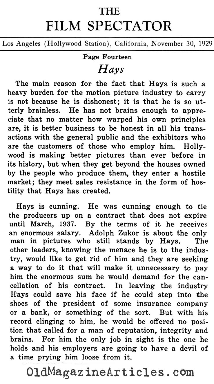 Tiresome Will Hays (Film Spectator, 1929)